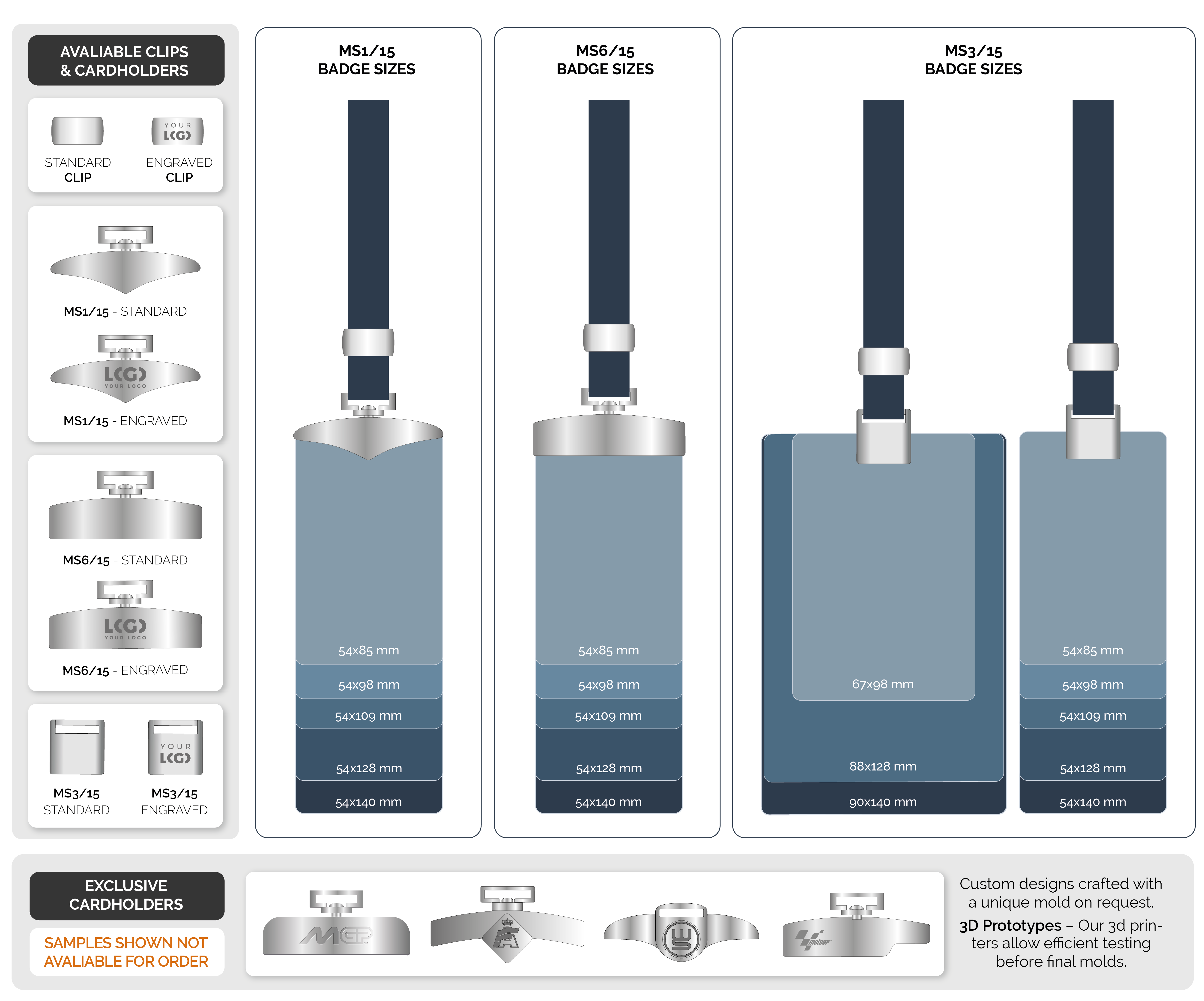 15mm lanyard cardholders showing available badge sizes