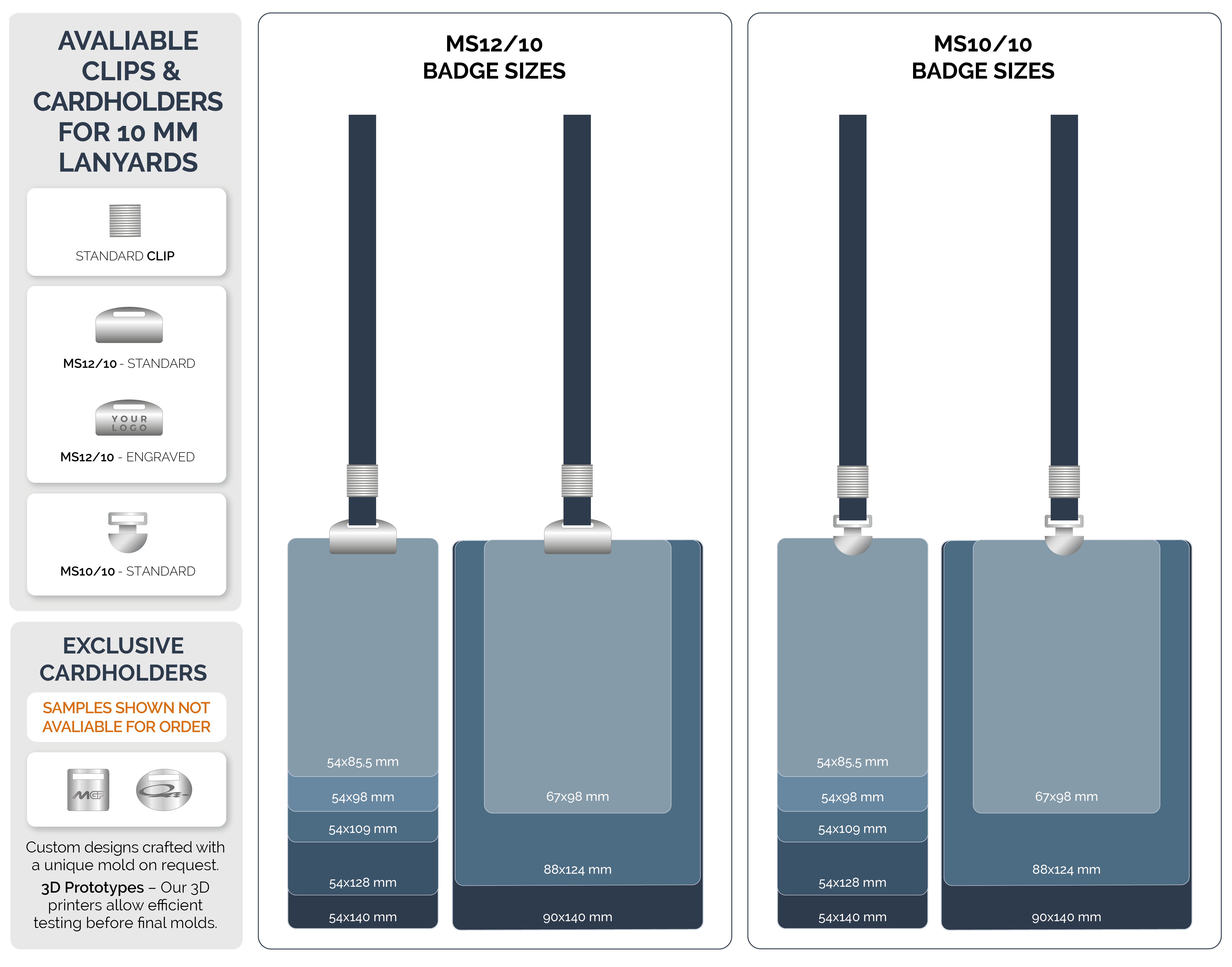 10mm lanyard cardholders showing available badge sizes