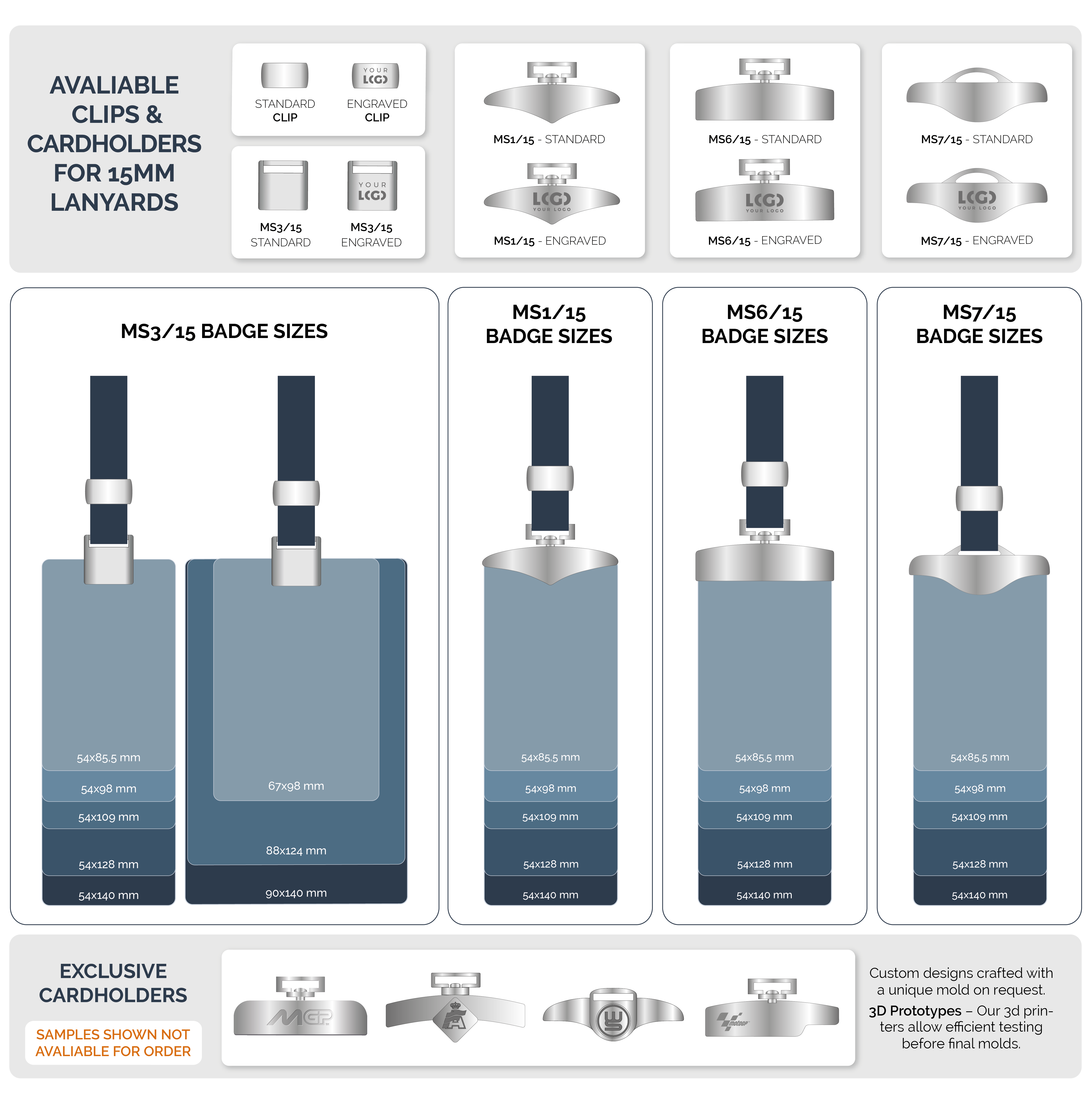 15mm lanyard cardholders showing available badge sizes